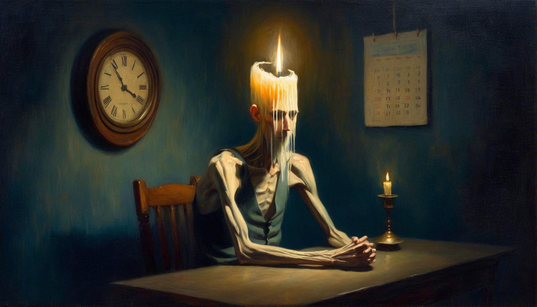 Haunting Scene of a Gaunt Figure with Melting Candle Head