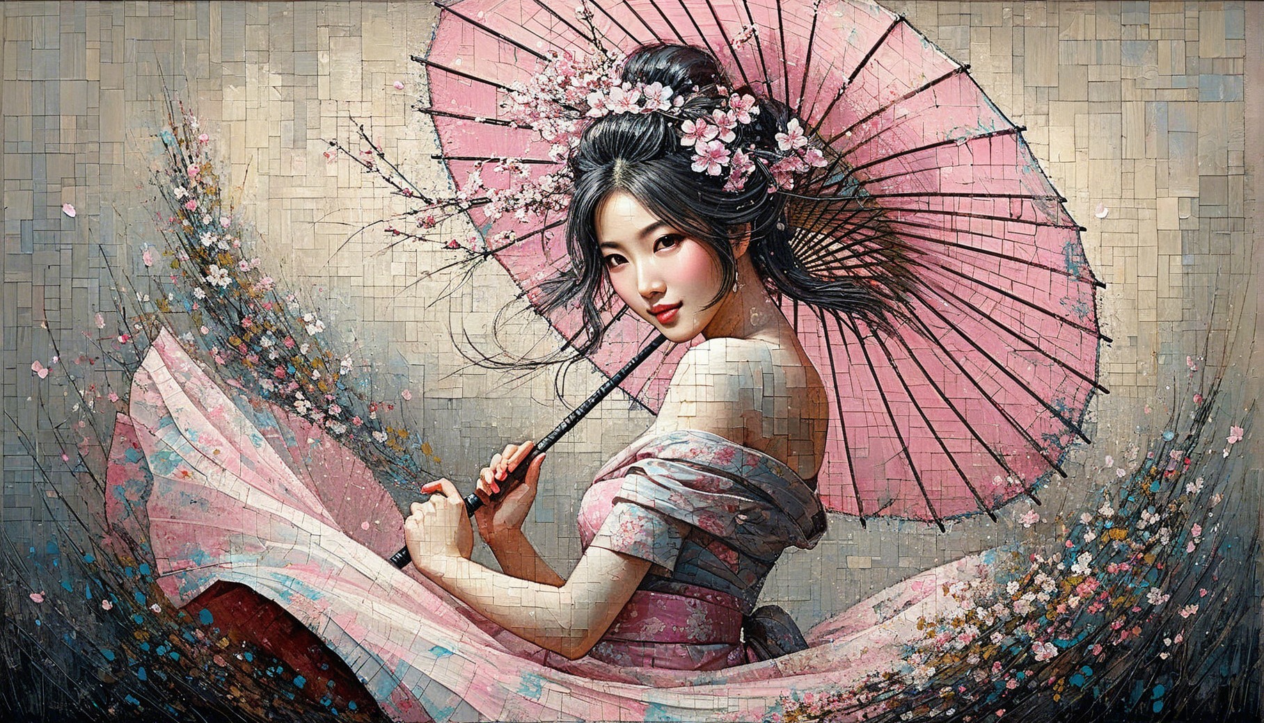 Young Woman with Pink Parasol and Cherry Blossoms