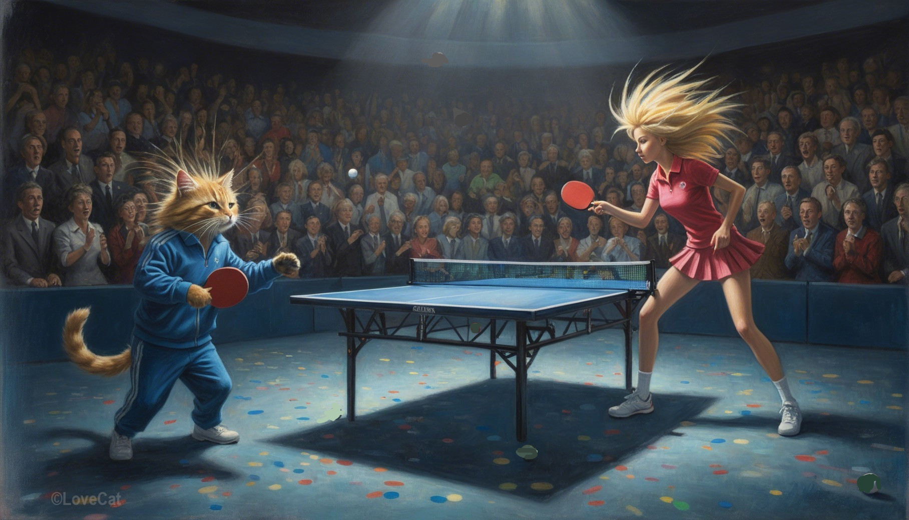 Cat in Tracksuit Competes in Ping Pong Match