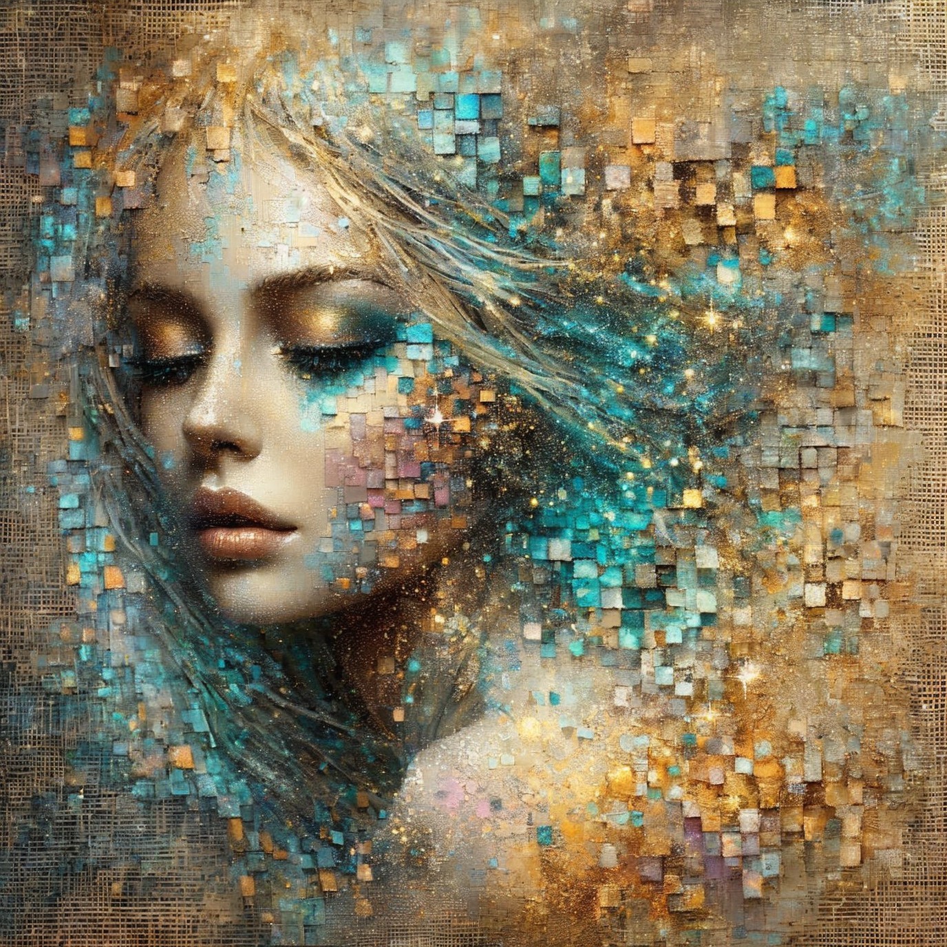 Serene Female Figure in Abstract Pixelated Artwork