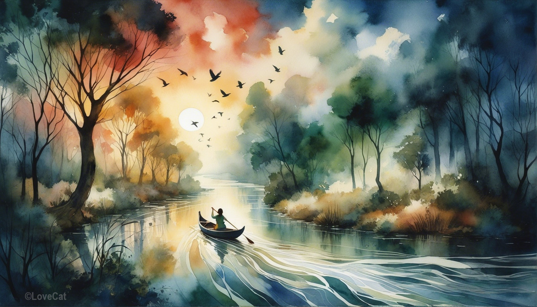 Serene Watercolor of a Figure in a Tranquil River