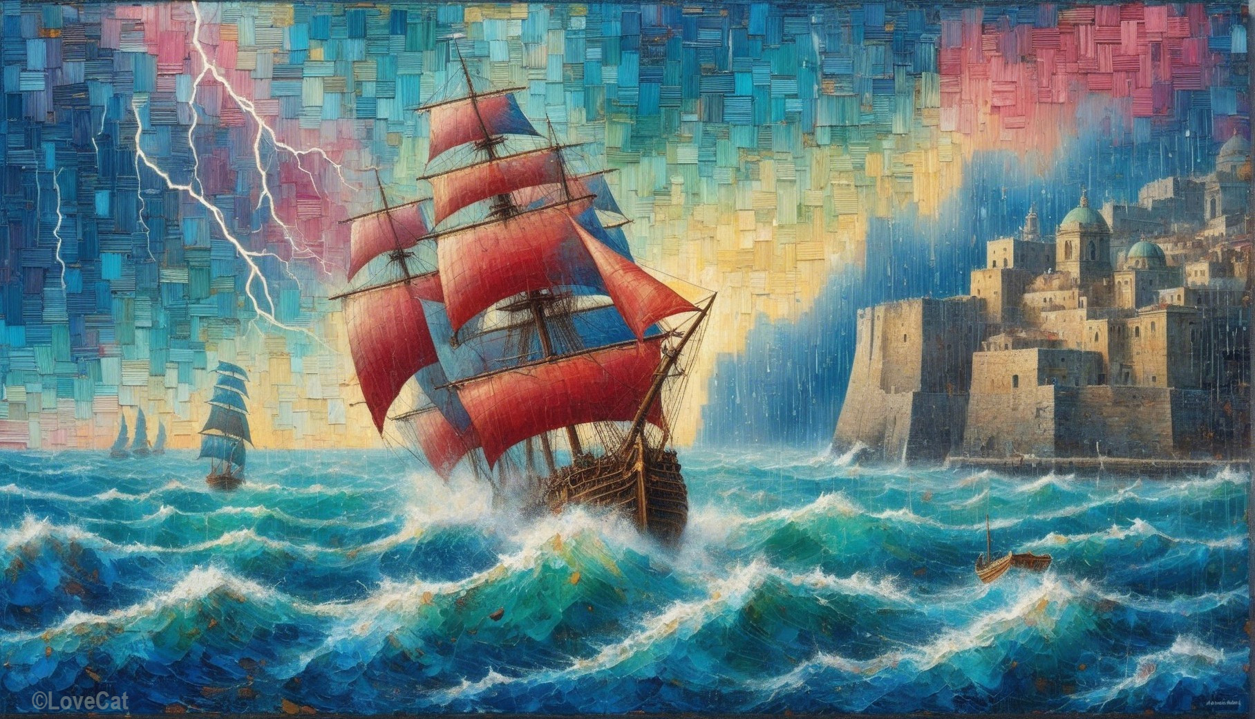 Vibrant seascape with ship, stormy sky, and town