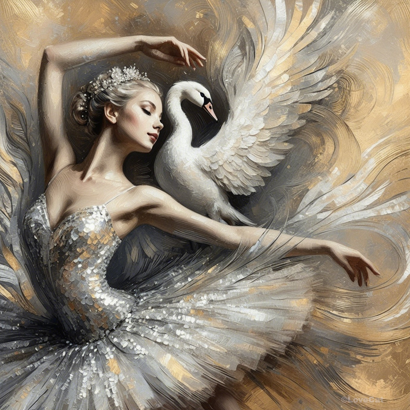 Ballet Dancer and Swan in Elegant Motion Together