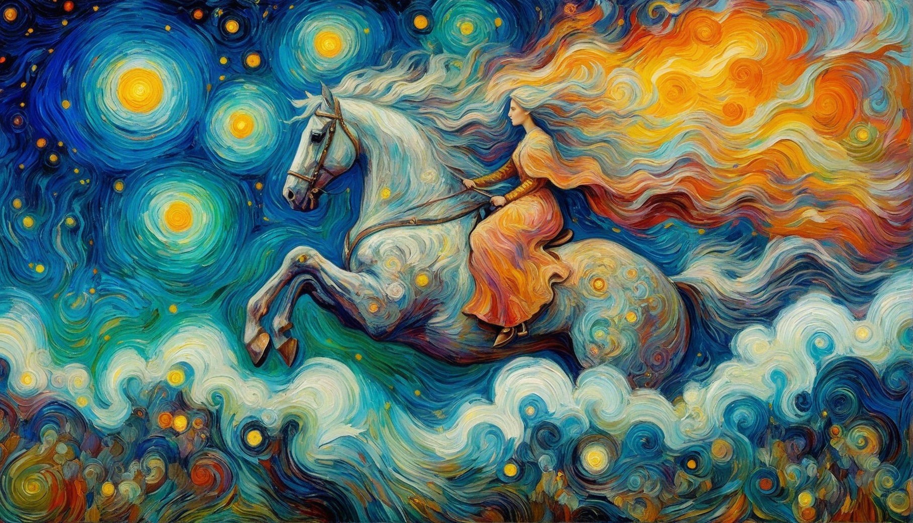 Vibrant Artwork of Woman on White Horse in Motion