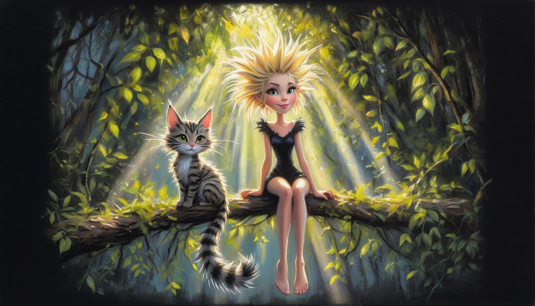Whimsical Scene of Girl and Cat in Sunlit Tree