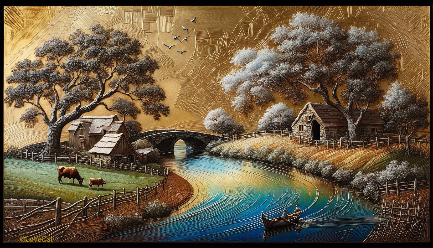 Tranquil Landscape with Trees, Farmhouses, and River