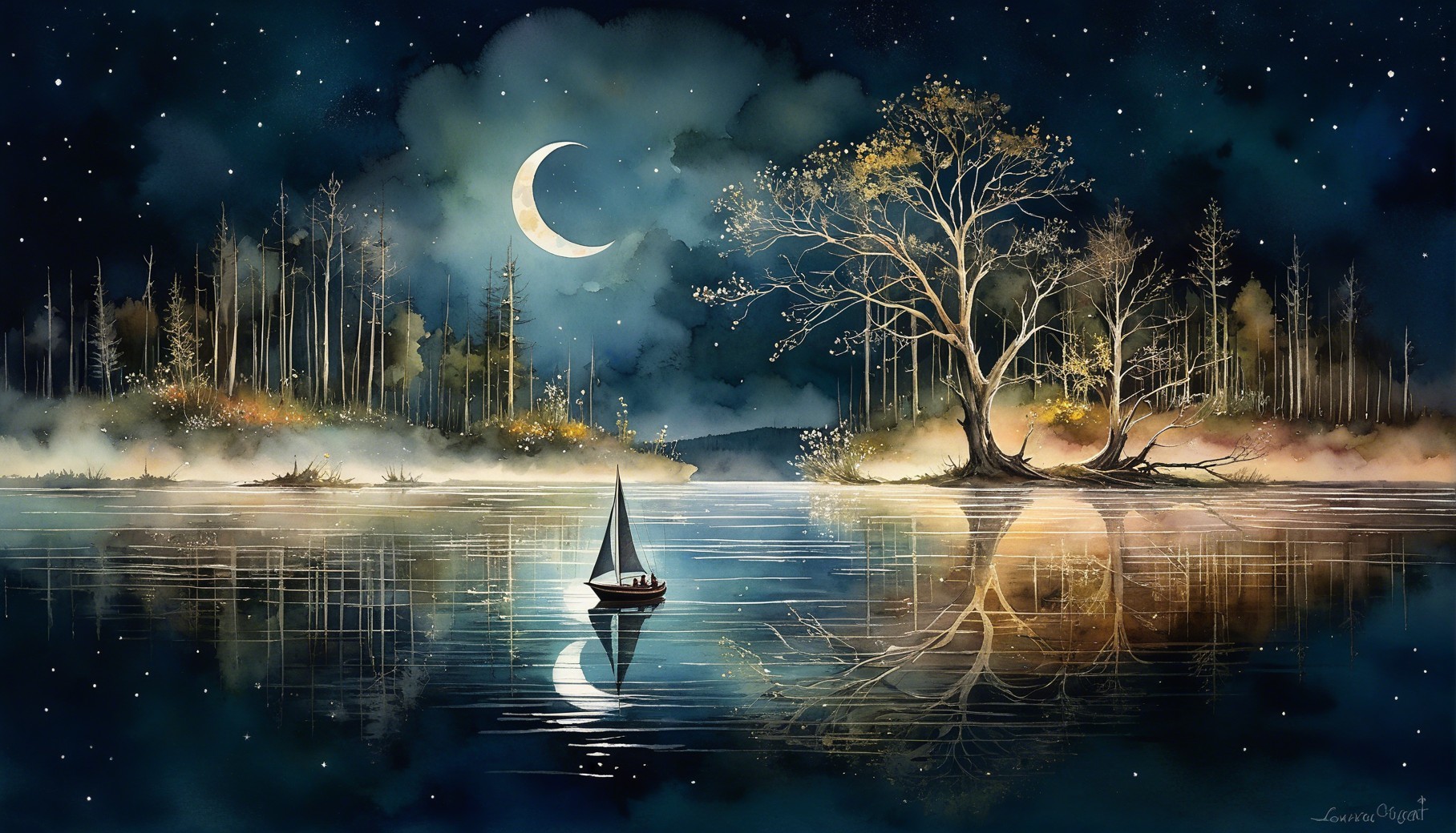 Serene Night Scene with Crescent Moon and Sailboat