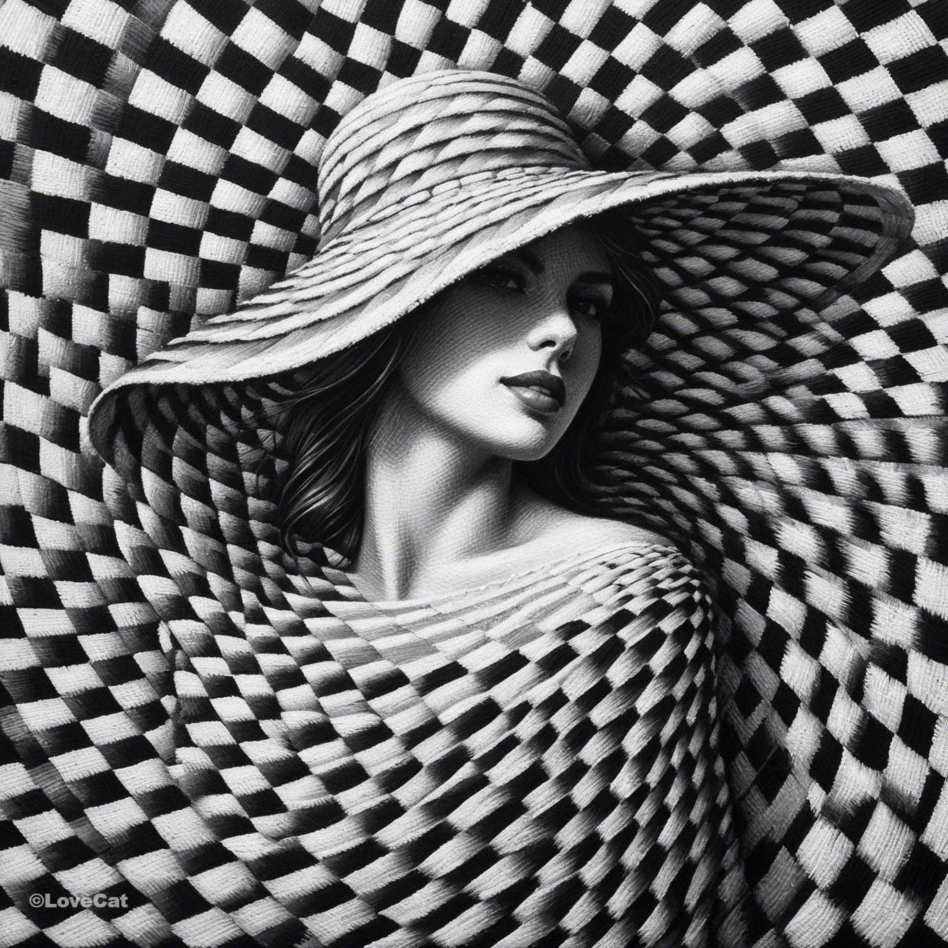 Black-and-white portrait of a woman in a straw hat