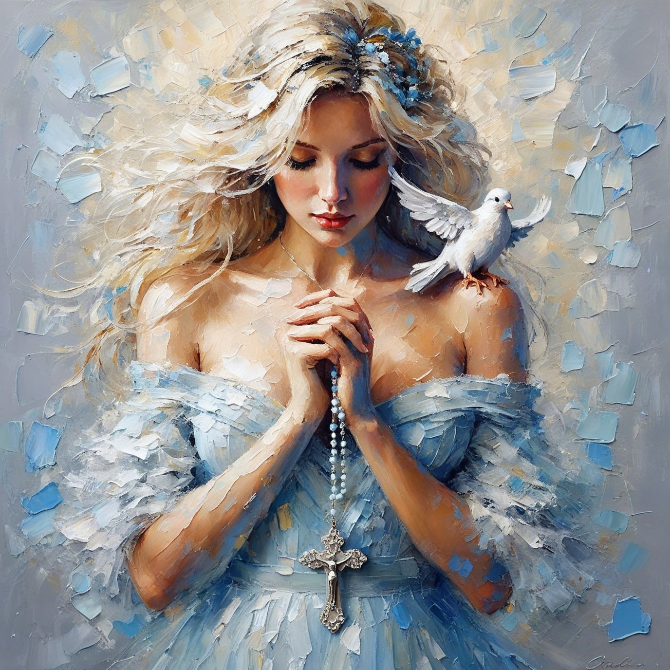 Serene Woman in Blue Gown with Dove and Rosary