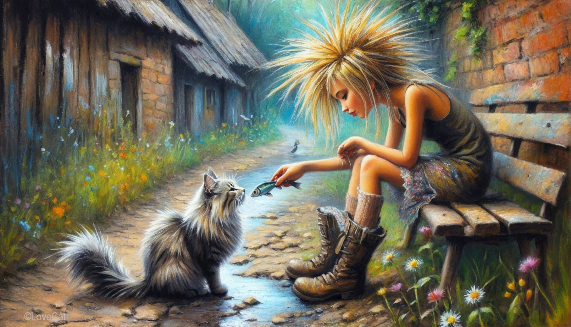 Young girl with fish and cat in rustic village setting