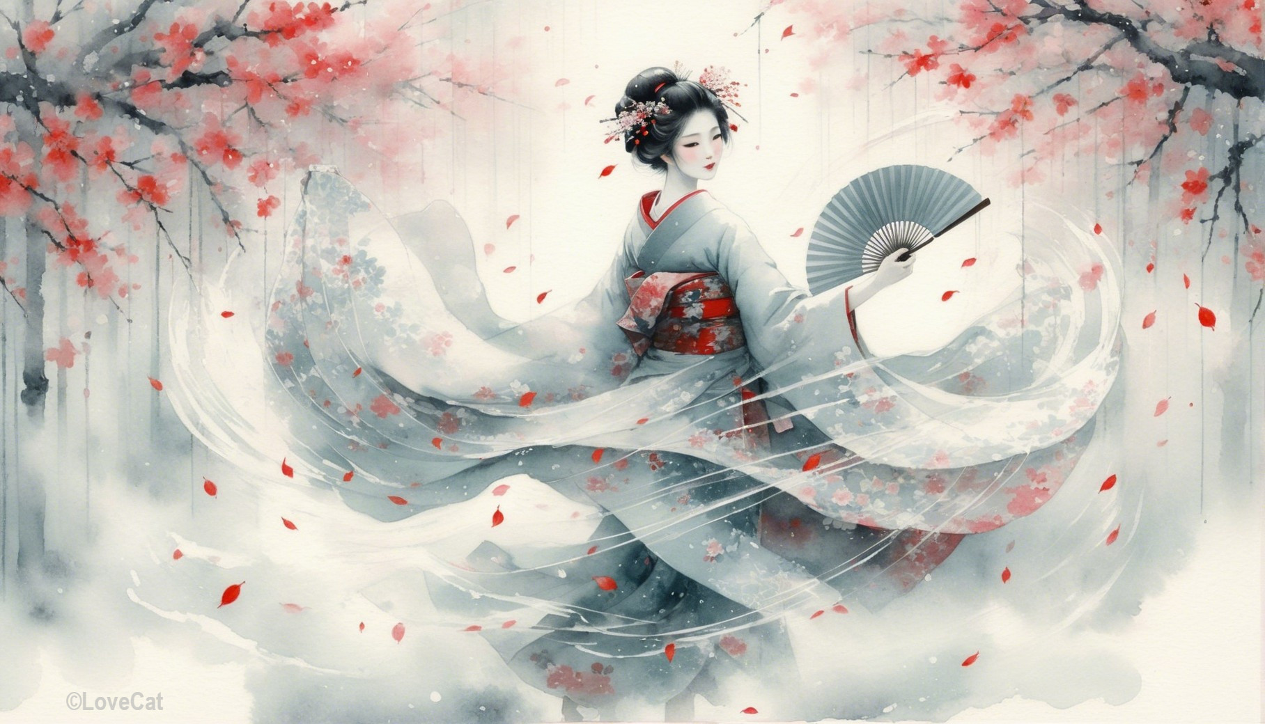 Dancer in Kimono Amidst Cherry Blossoms and Petals