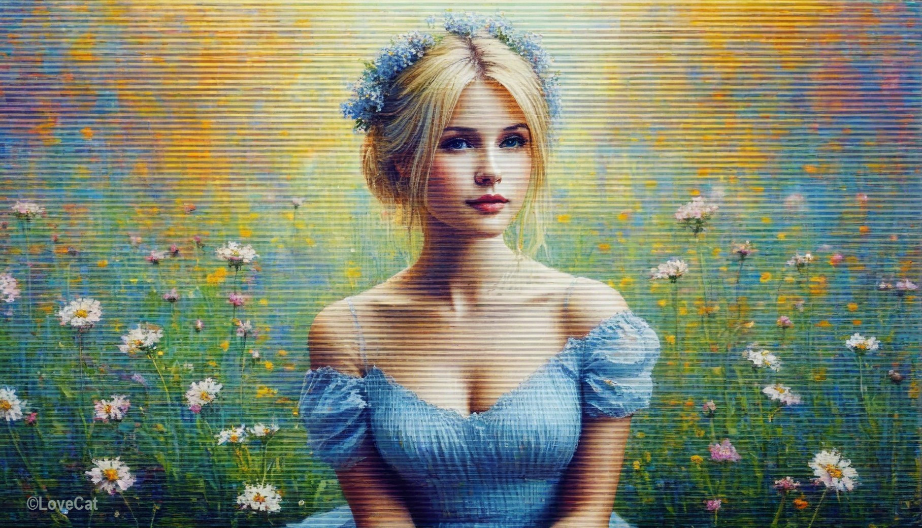 Young woman in blue dress with floral wreath in field