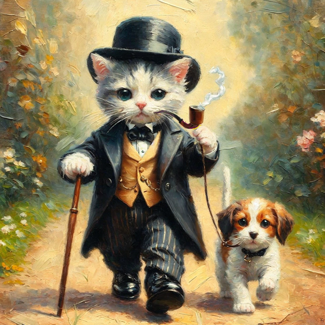 Dapper Kitten and Playful Puppy on Flower Path