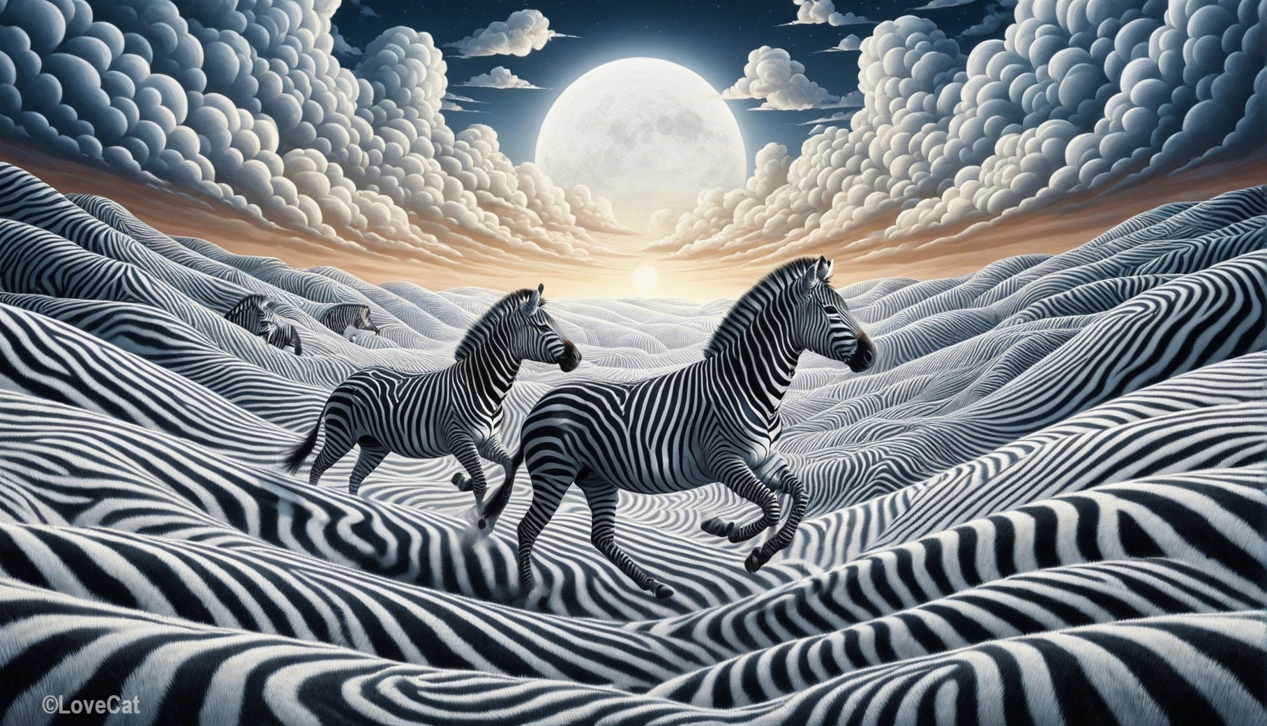 Zebras Galloping Across Striped Hills Under Full Moon
