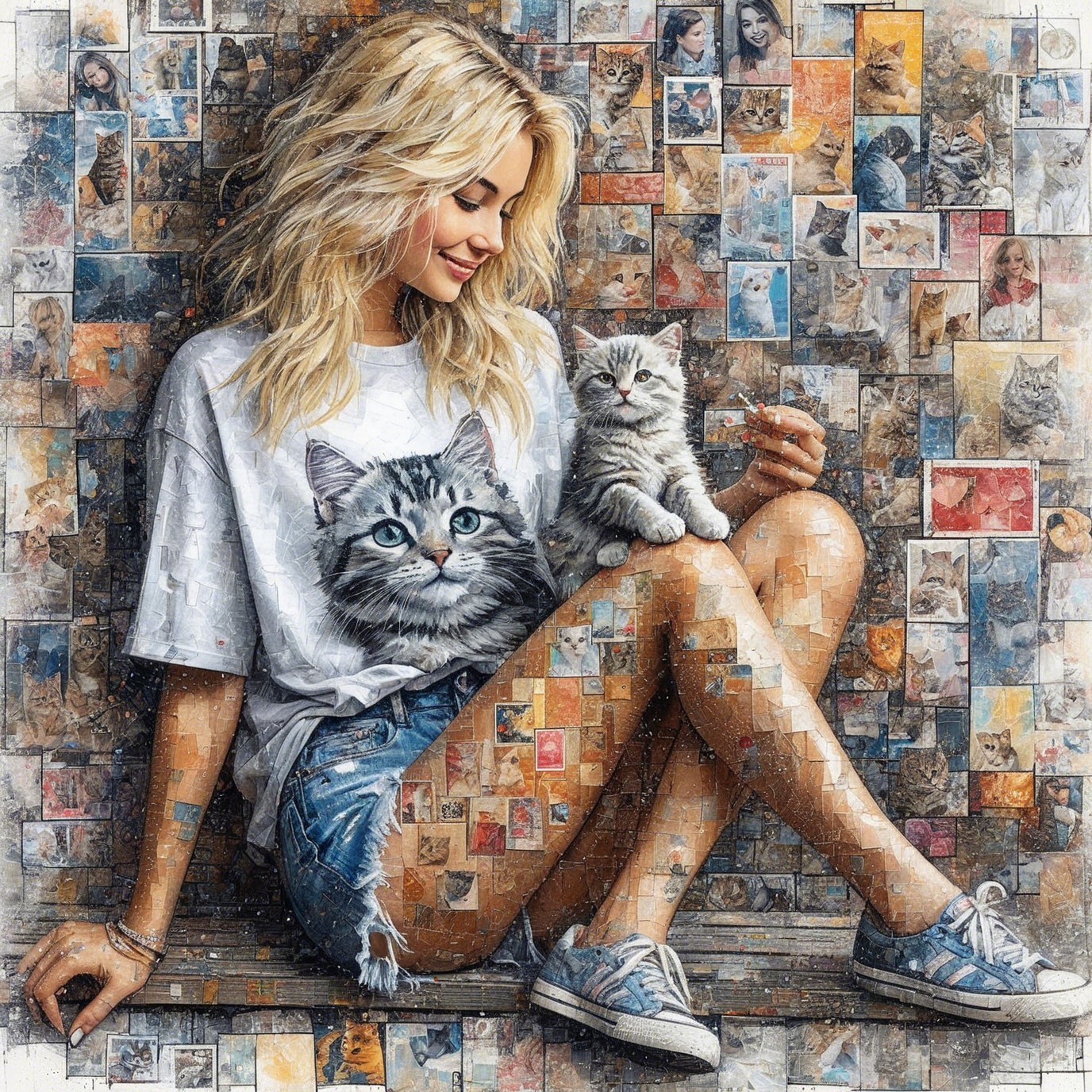 Young woman with kitten in playful, vibrant setting