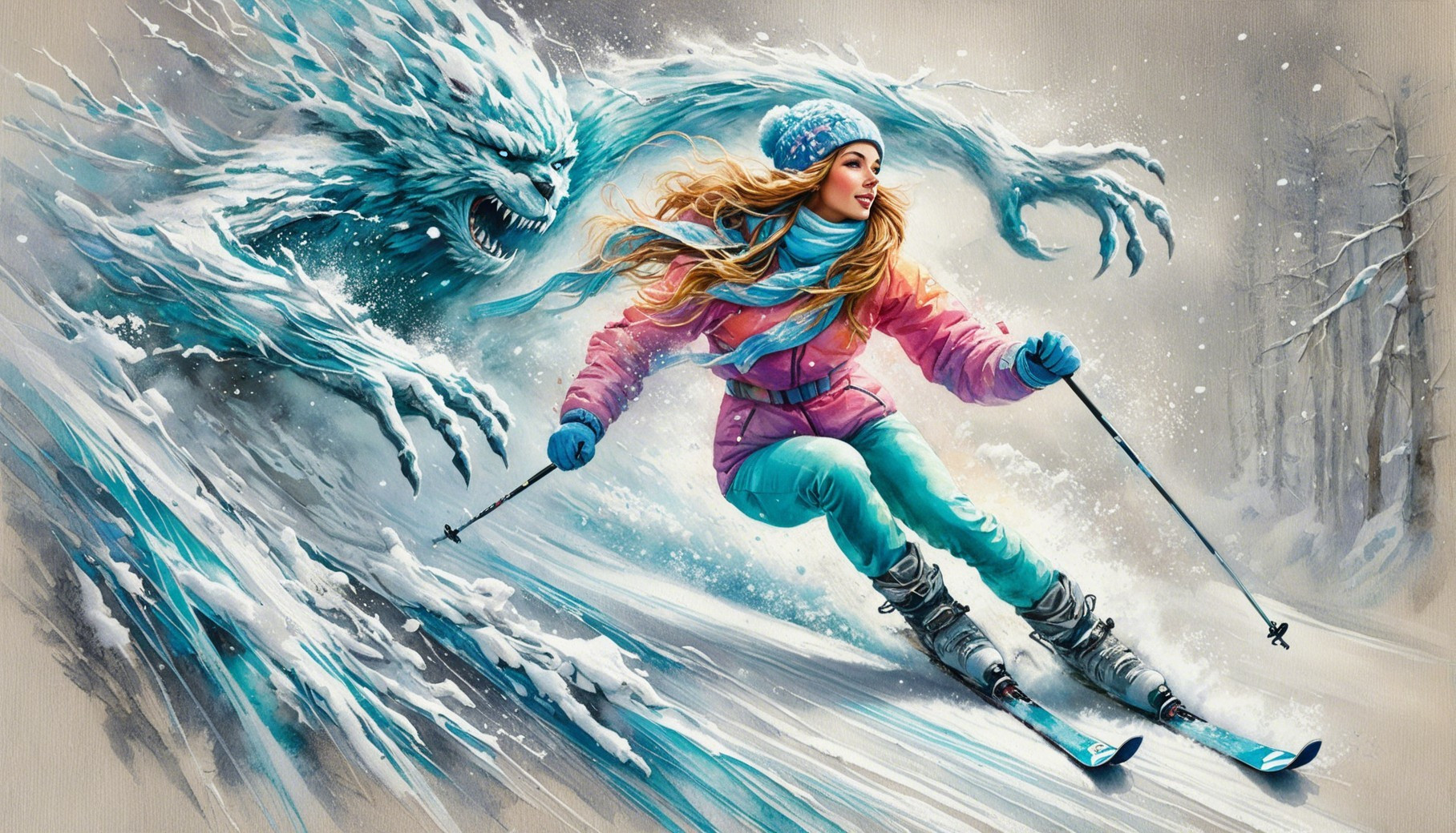 Skier Descends Slope with Ice Creature Pursuing