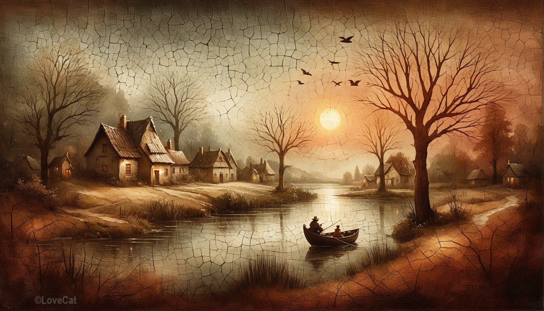 Serene sunset over a tranquil village by the river