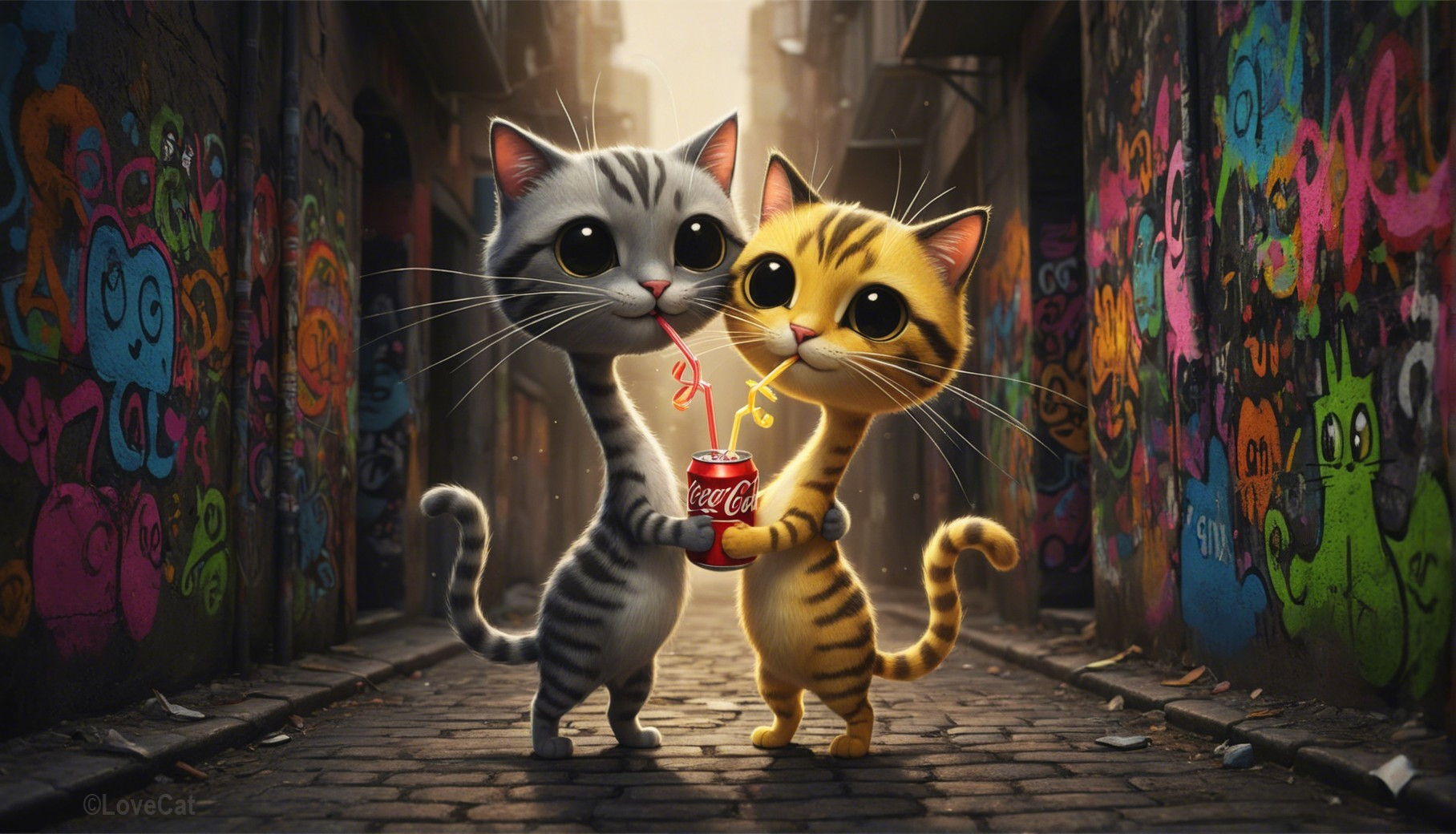 Colorful Alley Scene with Cartoon Cats Sharing a Drink