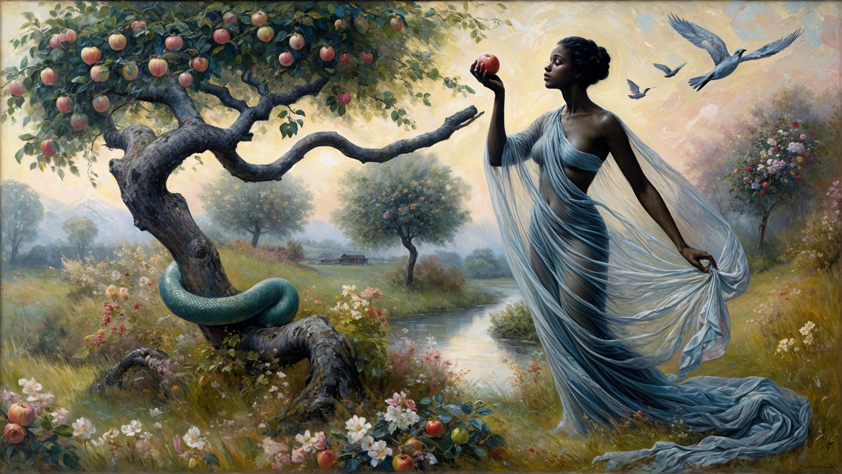 Woman in Translucent Gown Beside Lush Apple Tree