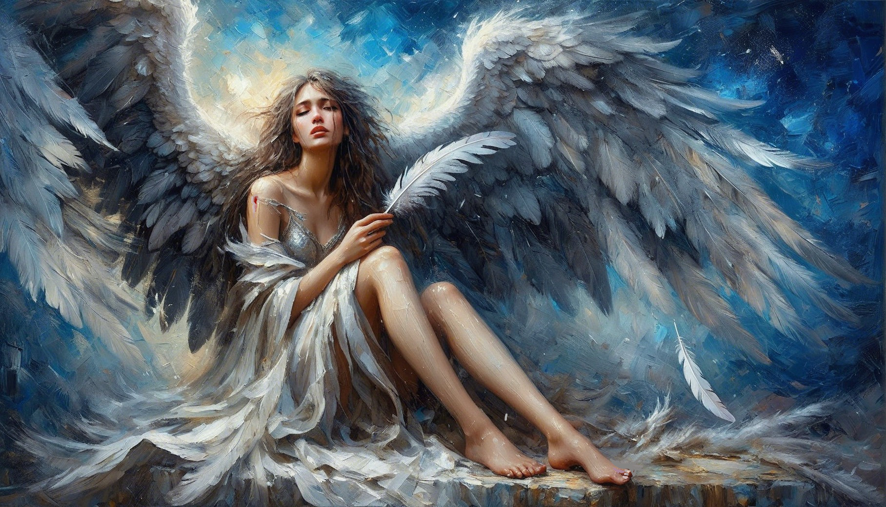 Serene figure with feathered attire against blue backdrop