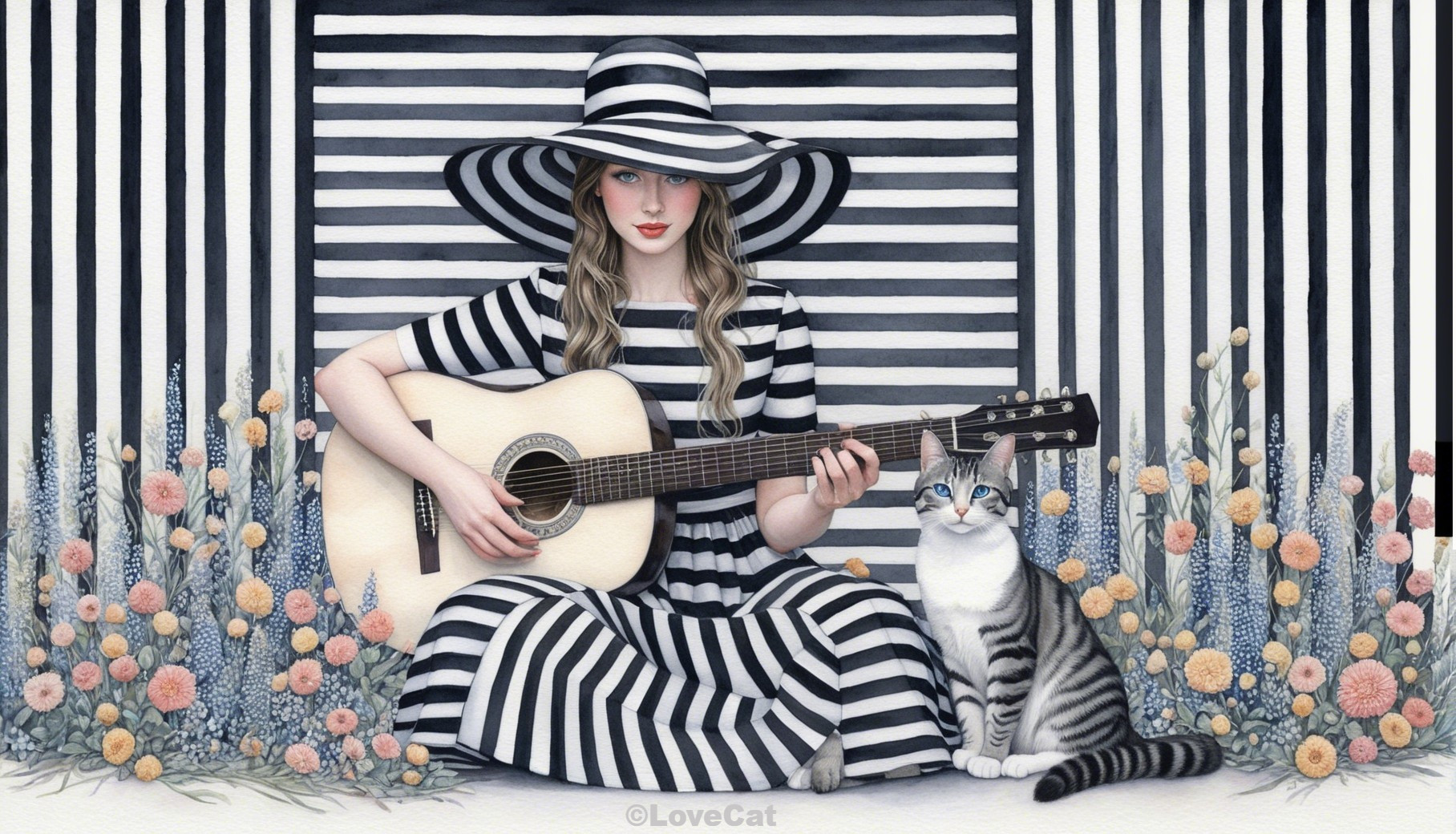 Young woman with guitar and cat in striped setting