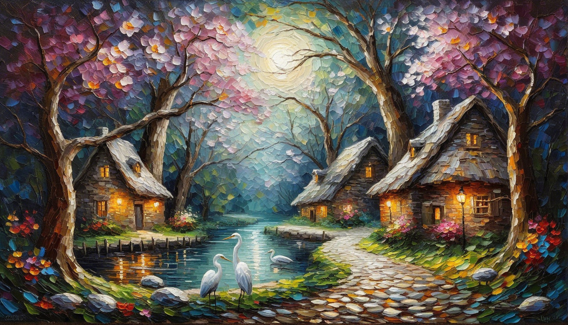 Vibrant Landscape with Cottages and Tranquil Pond