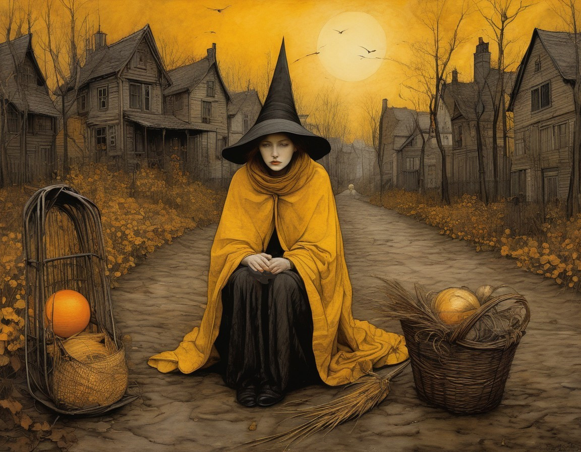 Witch in Yellow Cloak in Autumn Landscape at Night