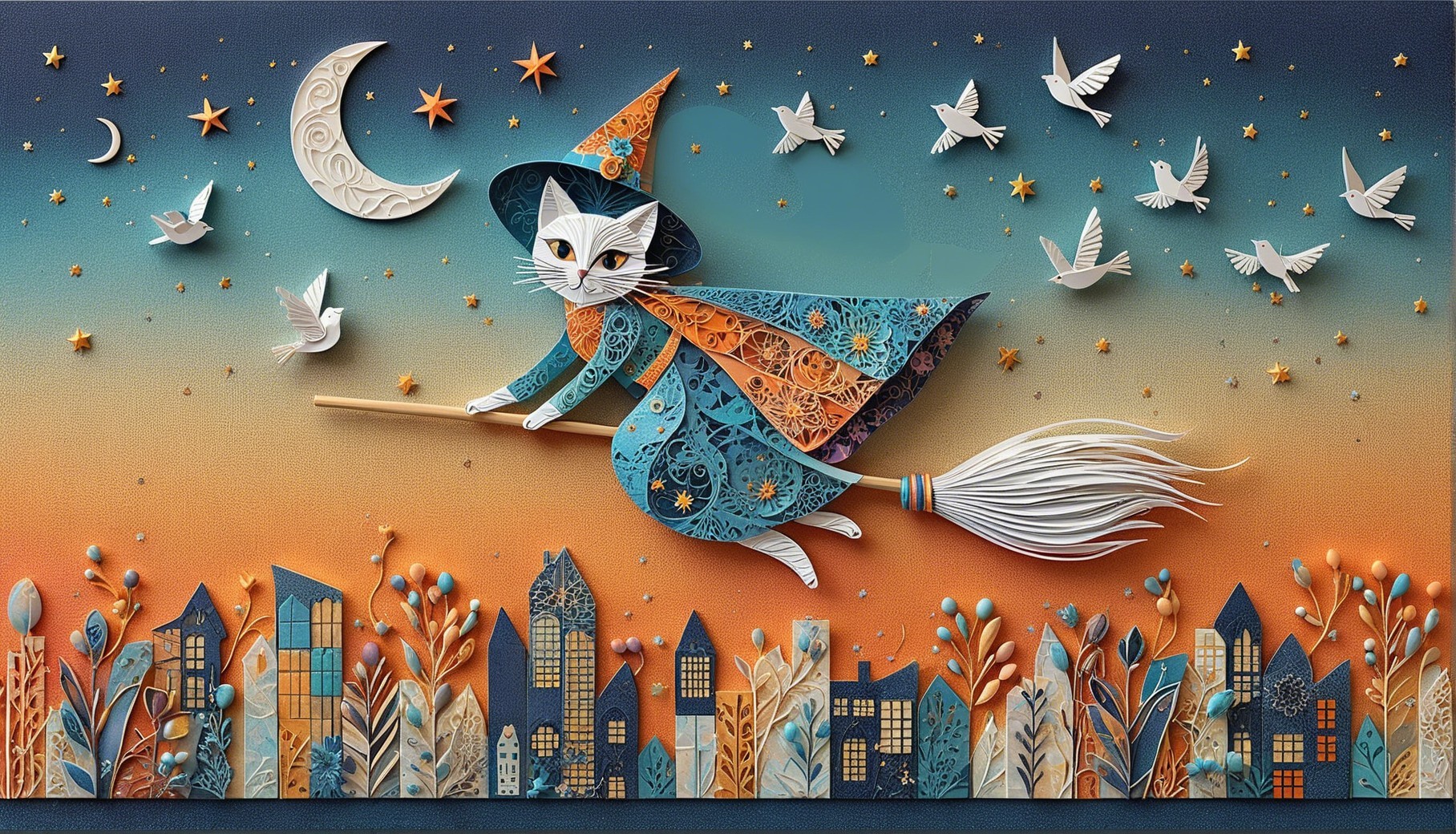 Whimsical Cat Witch Flying Over Colorful Cityscape