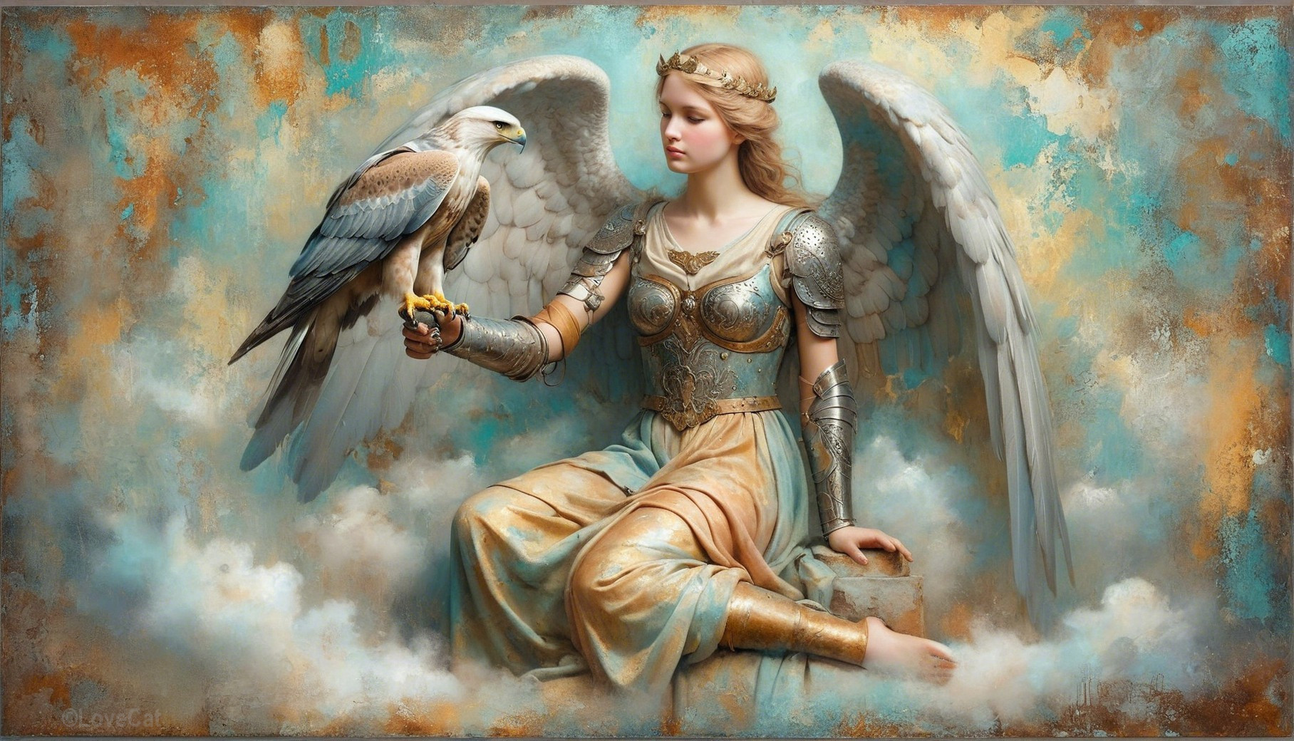 Majestic angel in ornate armor on a cloud