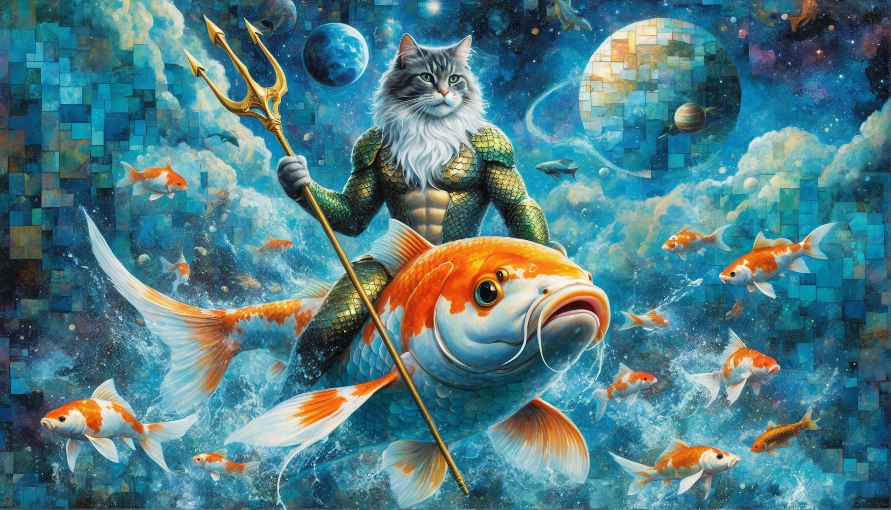 Majestic Cat with Trident on Koi Fish in Cosmic Scene