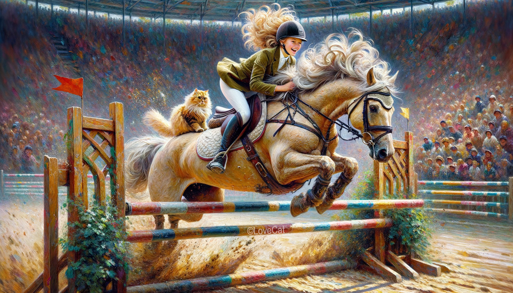Young Girl Jumps Horse Over Colorful Obstacle in Arena
