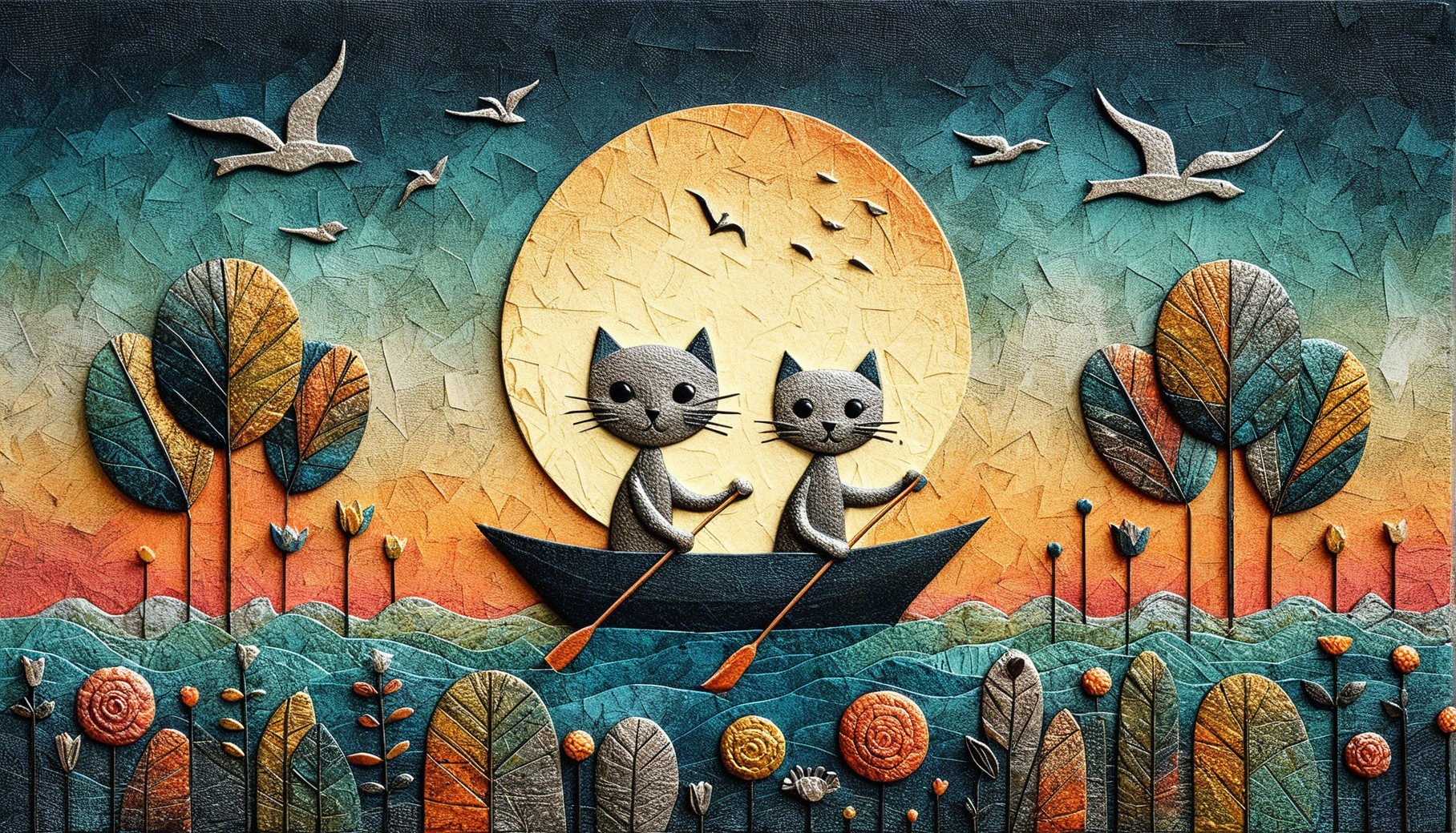 Cartoon Cats in a Boat on a Colorful Waterway Scene
