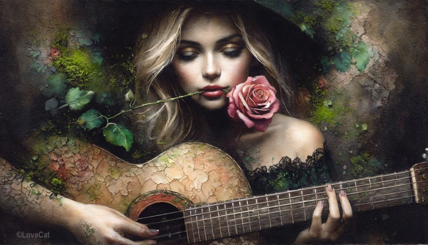 Realistic Painting of Woman with Guitar in Forest Setting