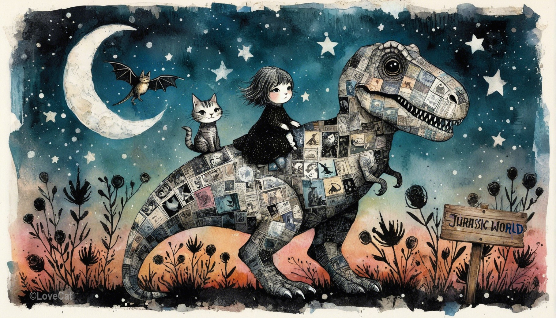 Whimsical Scene of Girl Riding Dinosaur with Postcards