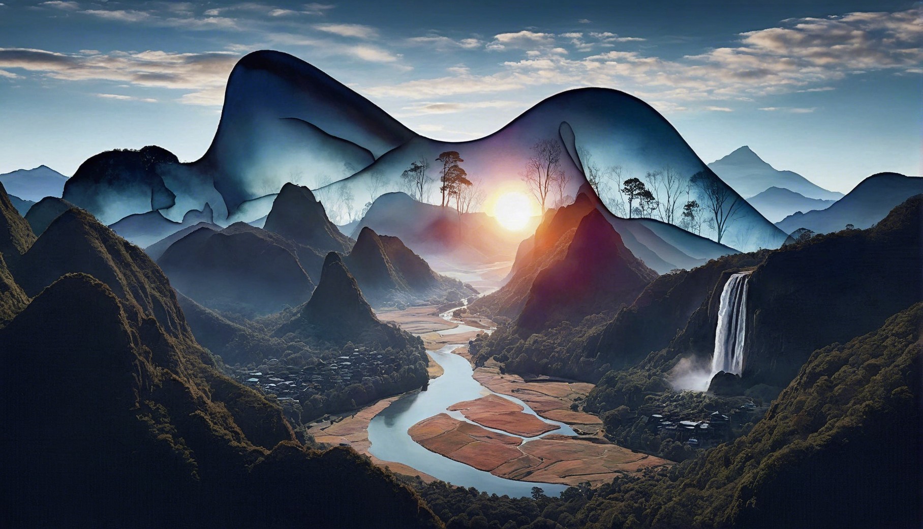 Serene Landscape with River and Mountain Silhouettes