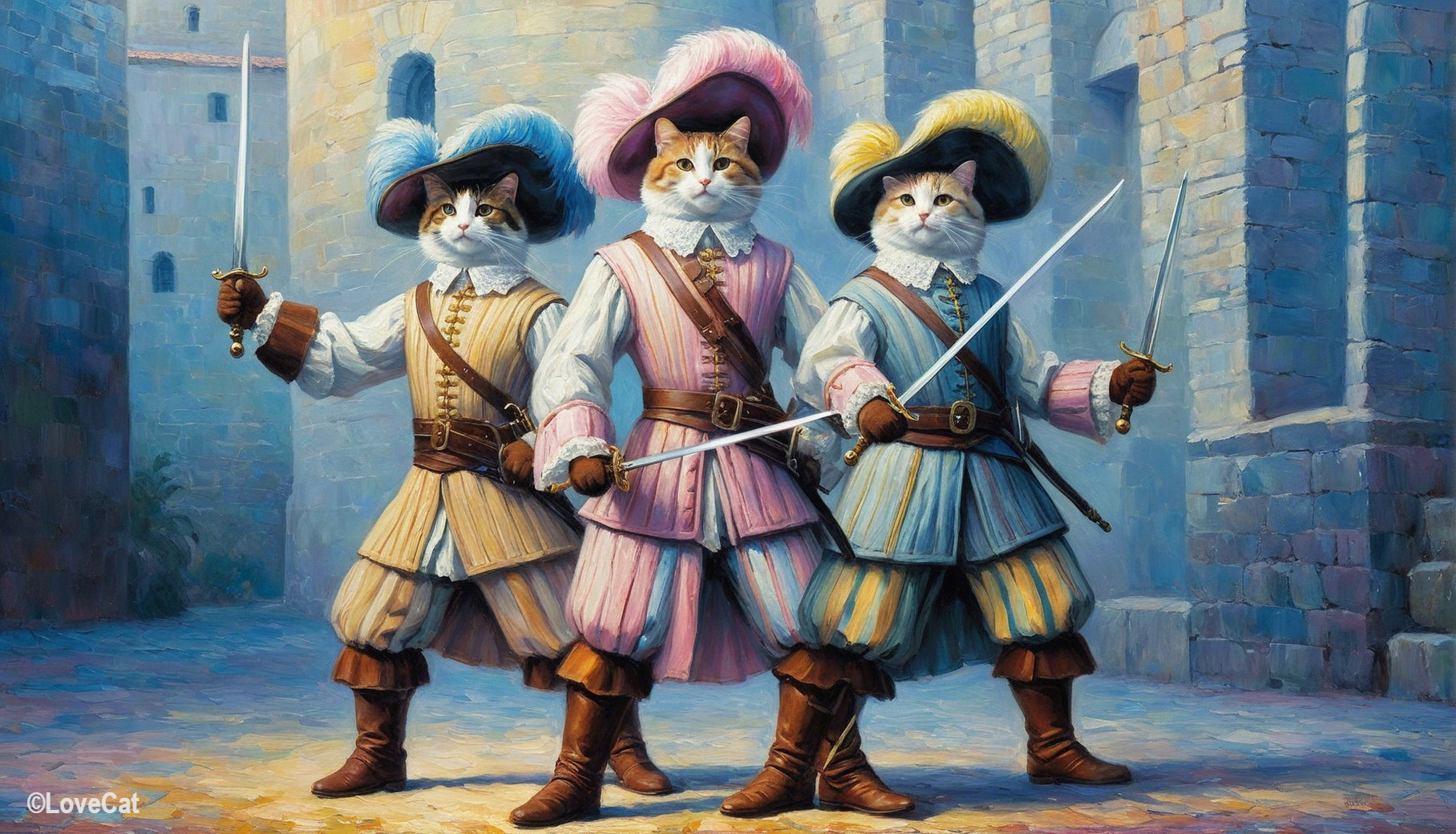 Anthropomorphic cats as musketeers in medieval courtyard