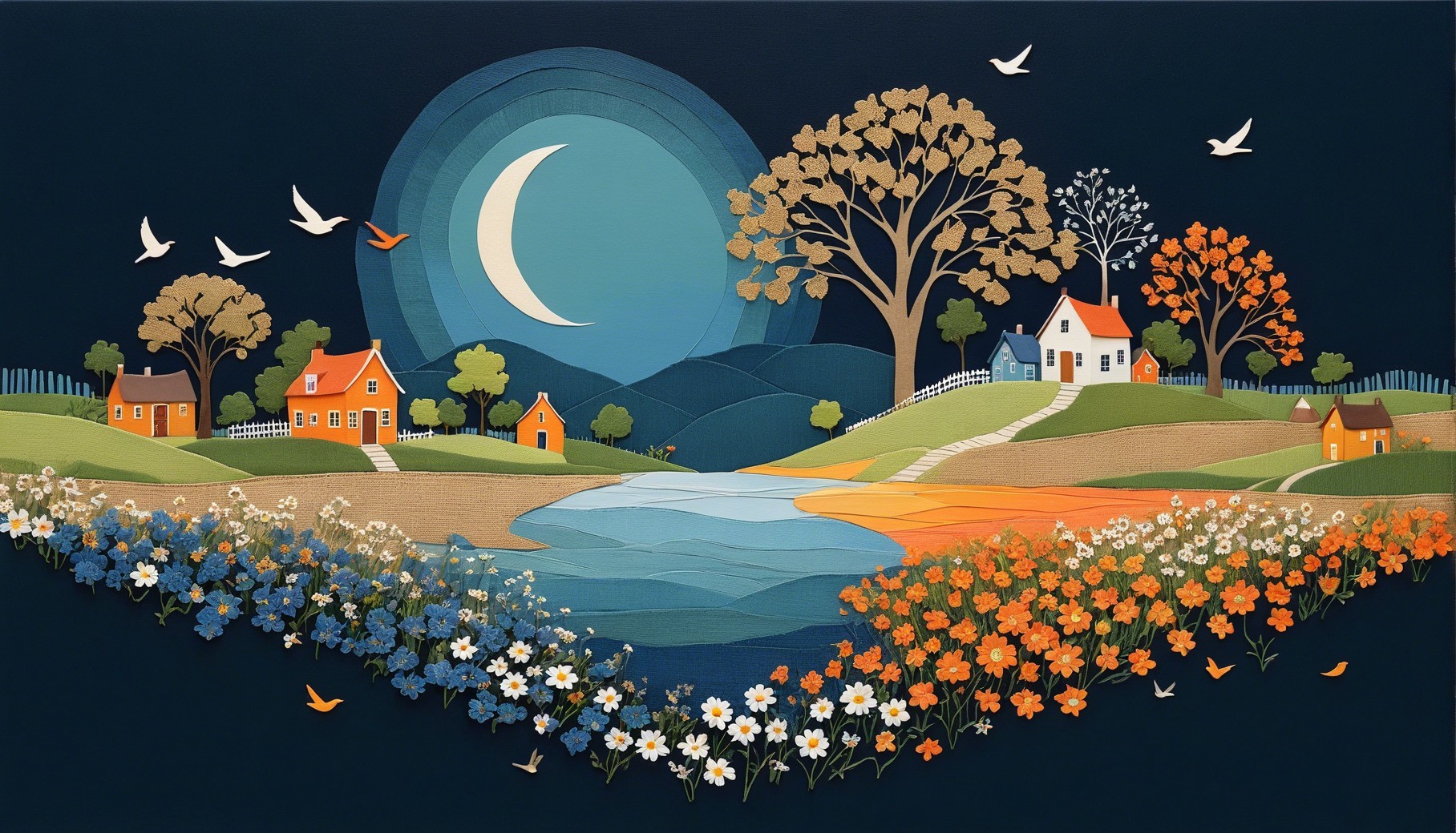 Serene Night Landscape with Crescent Moon and Houses