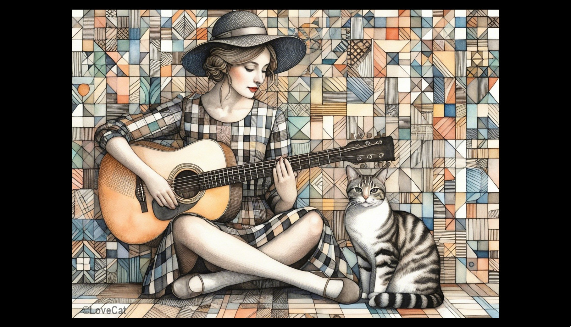 Young Woman Playing Guitar with Cat in Colorful Setting