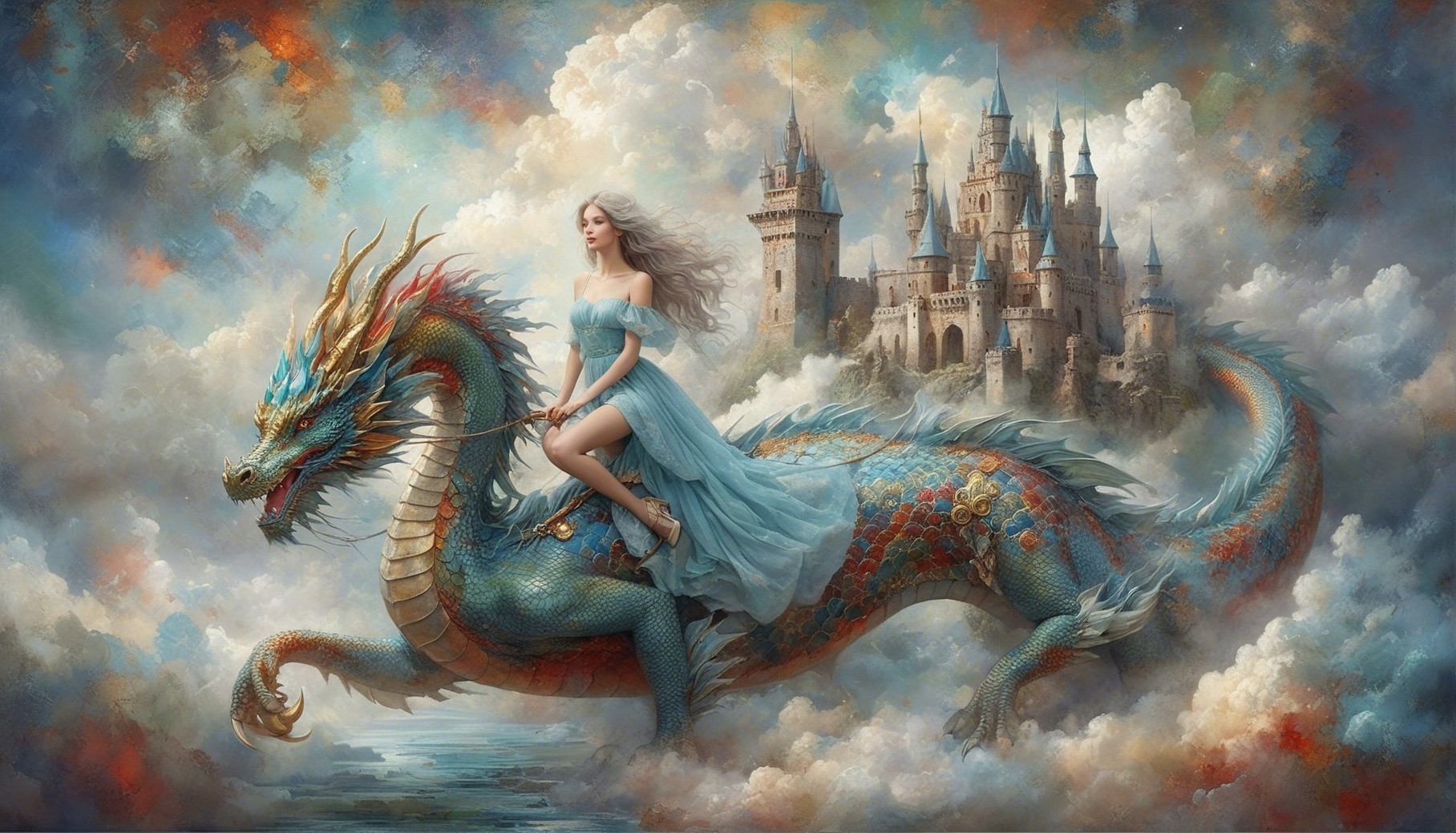 Blue Dragon and Woman in Dreamy Landscape with Castle