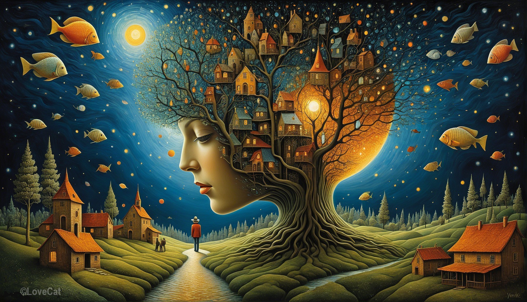 Surreal Woman with Tree Hairstyle and Dreamlike Village