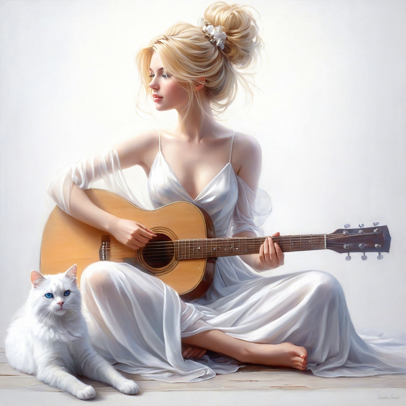 Woman in White Dress with Guitar and Cat