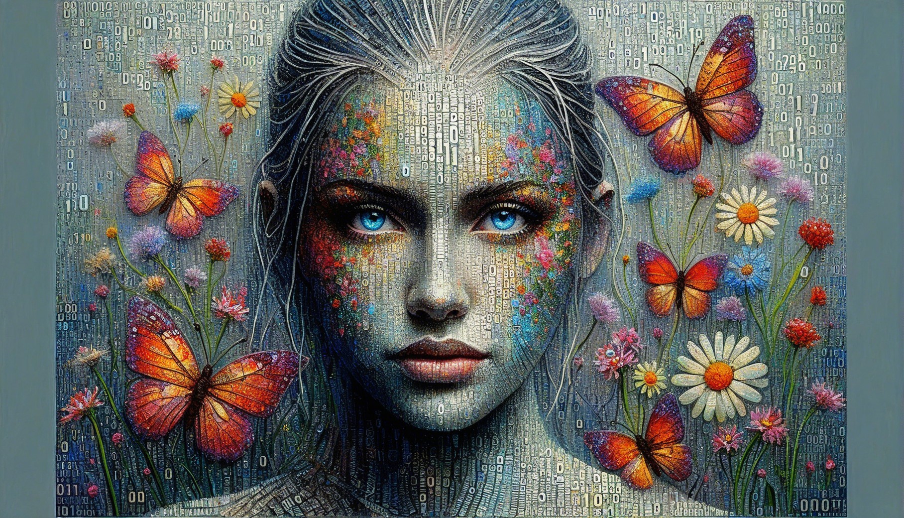 Portrait of a Woman with Floral and Butterfly Patterns
