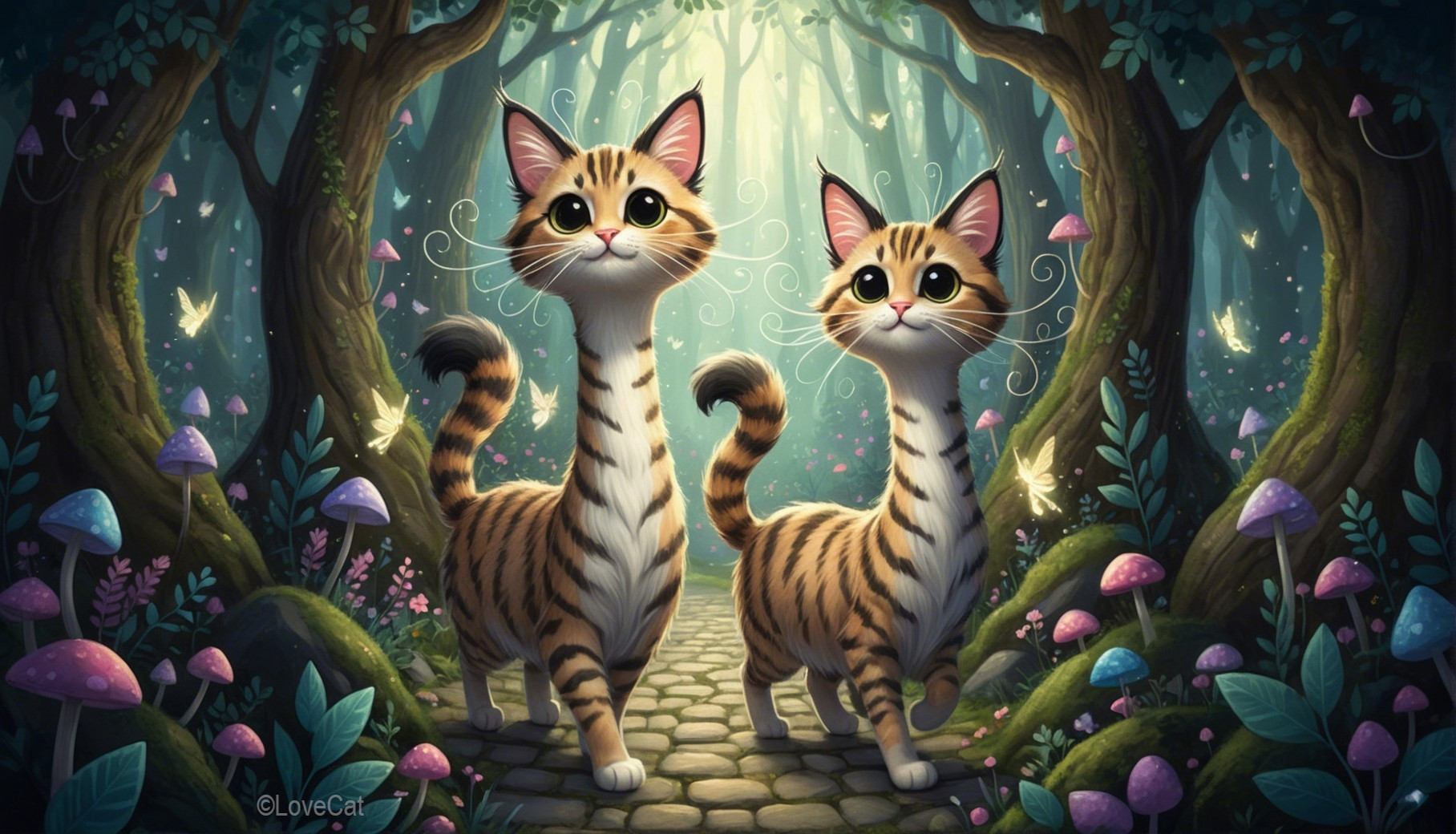 Charming Tabby Cats in a Whimsical Forest Scene
