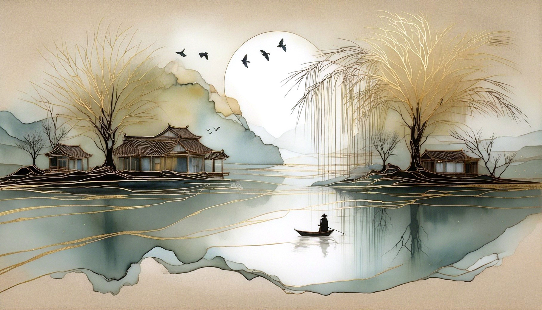 Traditional Asian Landscape with River and Mountains