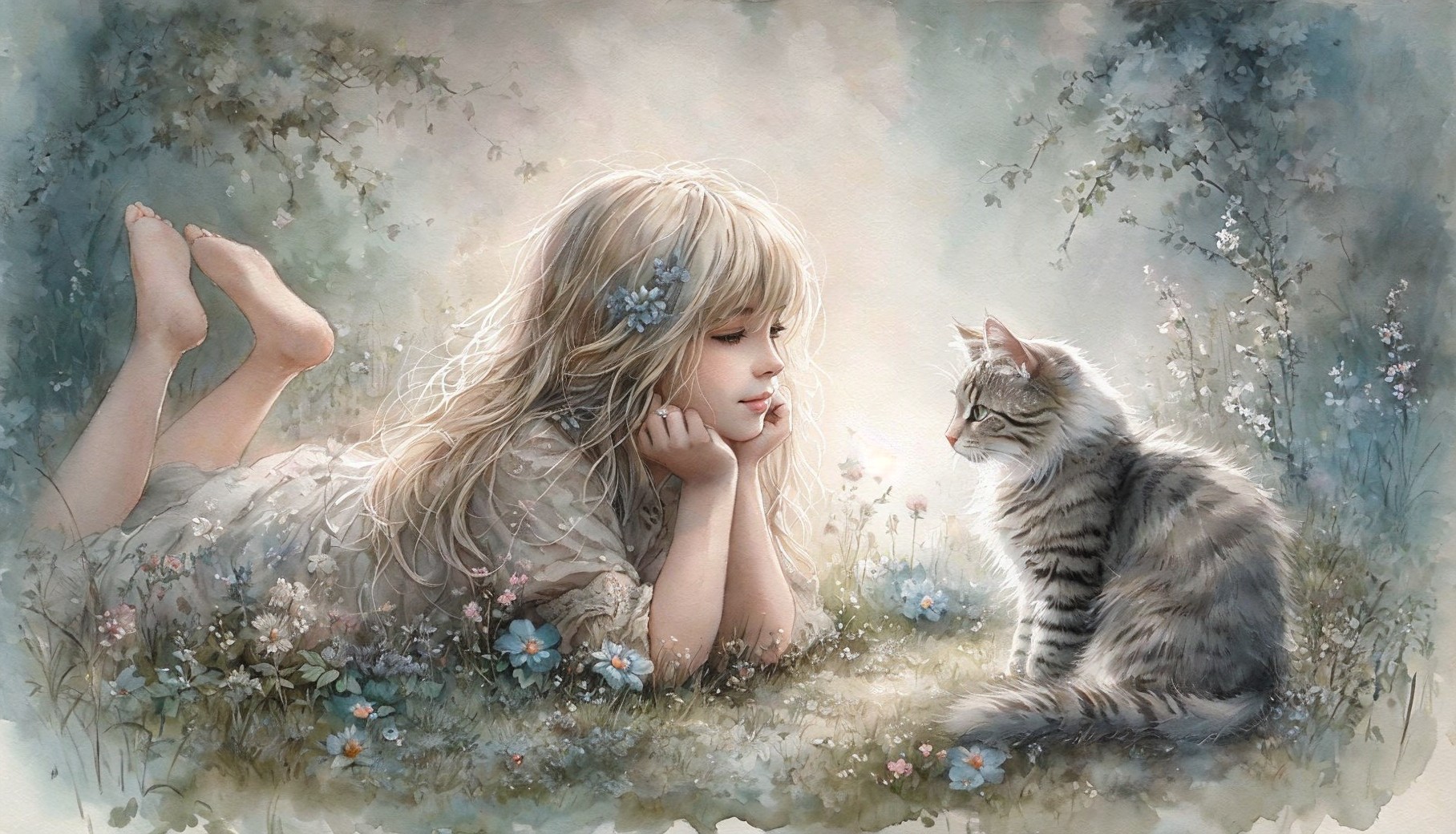 Young girl and cat in a serene grassy landscape