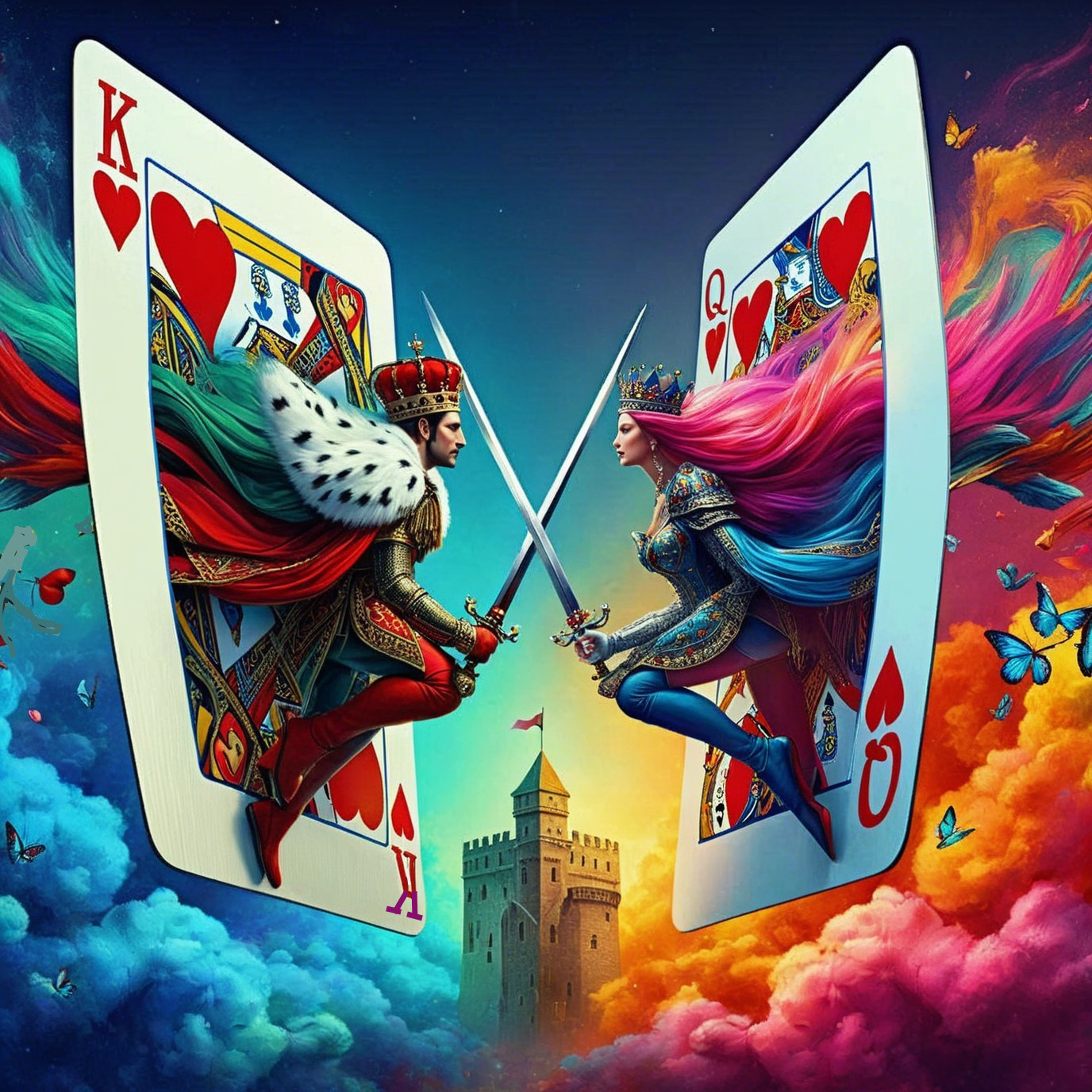 King and Queen of Hearts in a Colorful Fantasy Scene