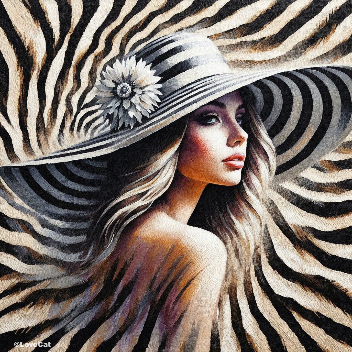 Portrait of a Young Woman in Striped Hat and Background