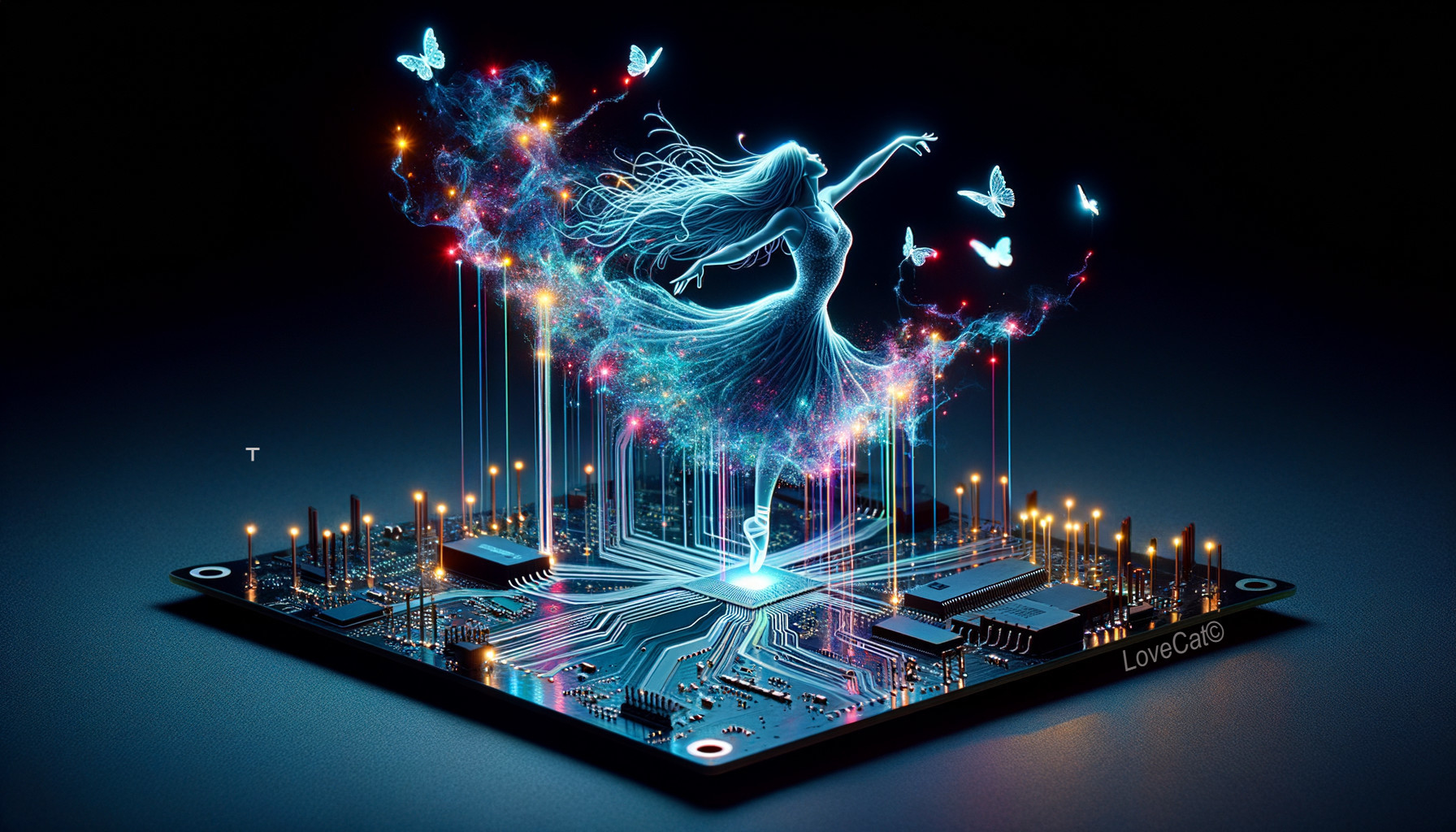 Digital Artwork of Circuit Board with Neon Silhouette