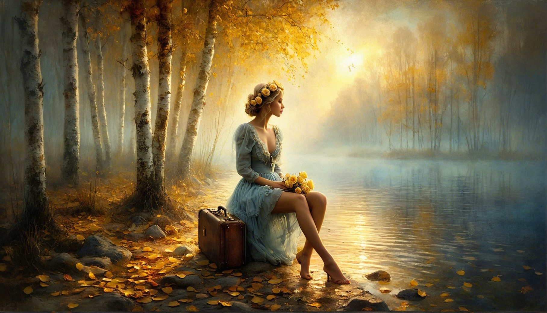 Tranquil Lake Scene with Autumn Trees and Woman