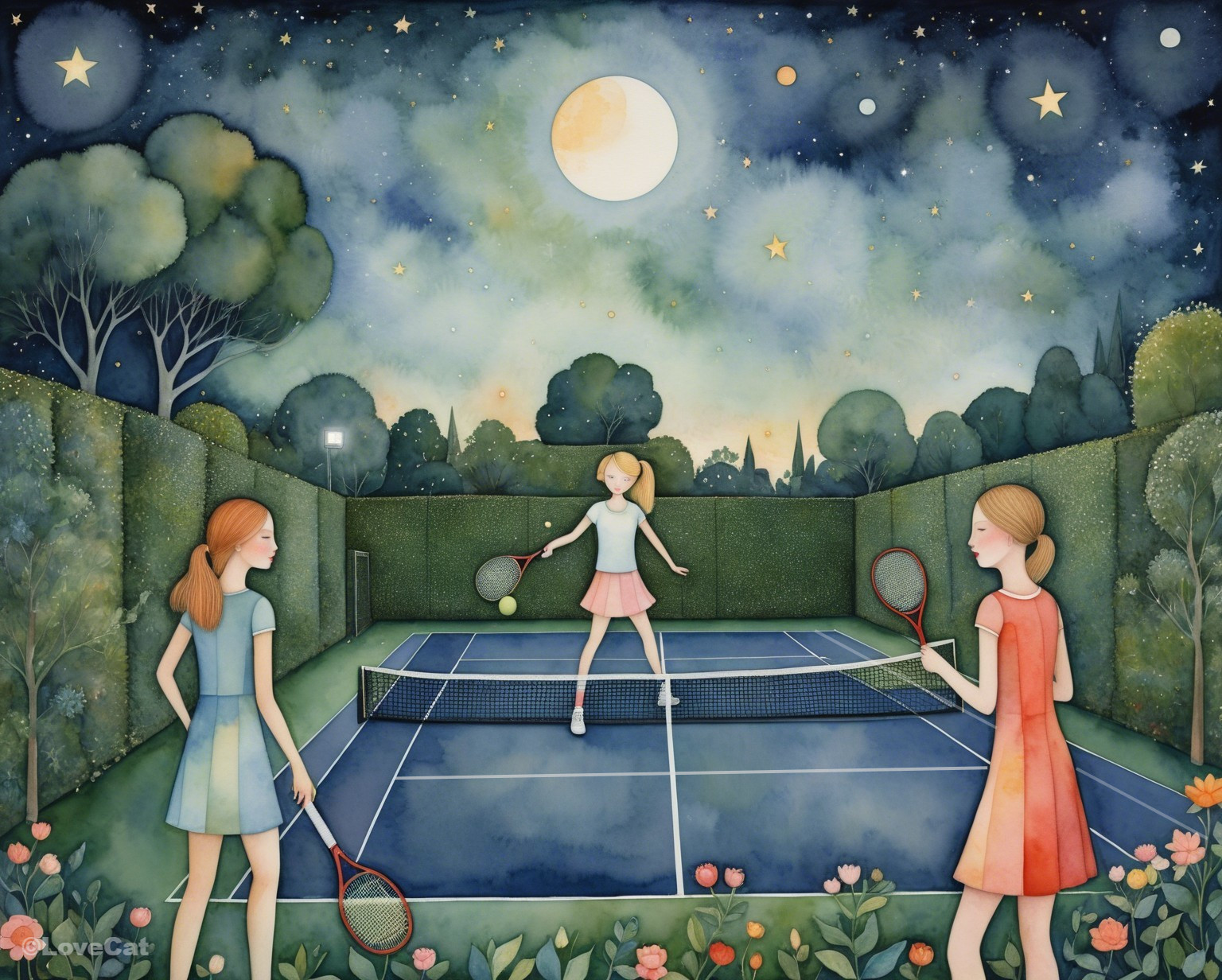 Nighttime Tennis Match Among Friends in a Garden